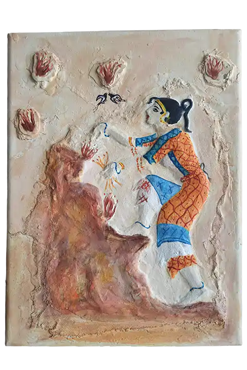 Painting on a female bust depicting saffron gatherers, from the fresco of Knossos, Minoan civilization, Greek mythology