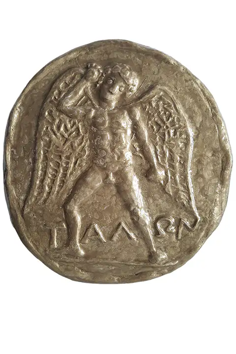 Enlarged replica of an ancient coin depicting the robot Talos, Minoan civilization, Greek mythology