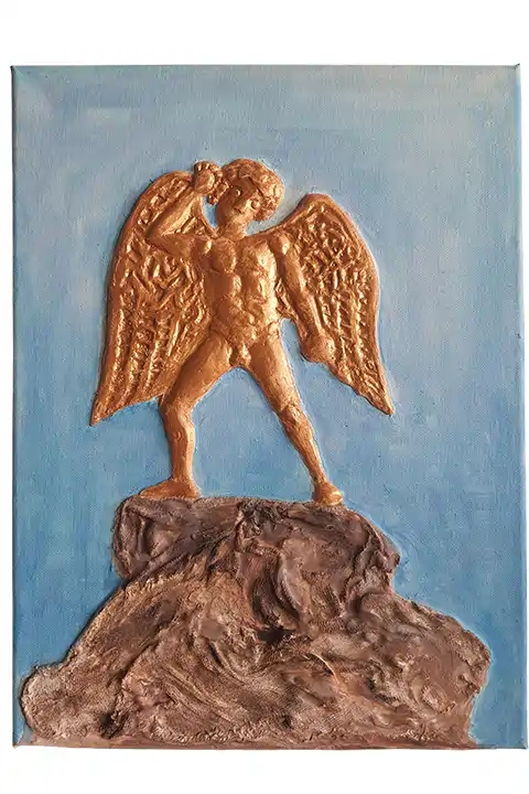 Handmade embossed painting depicting the robot Talos, Minoan civilization, Cretan art