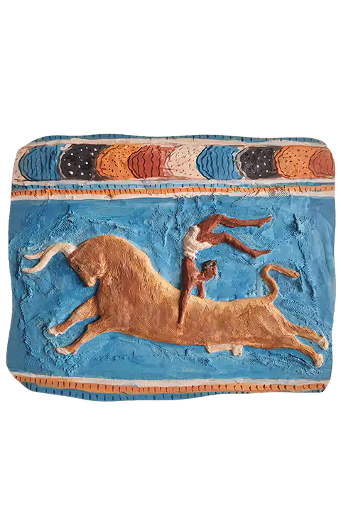 Handmade embossed painting, scene from the bull-leaping fresco, Minoan civilization, Cretan art