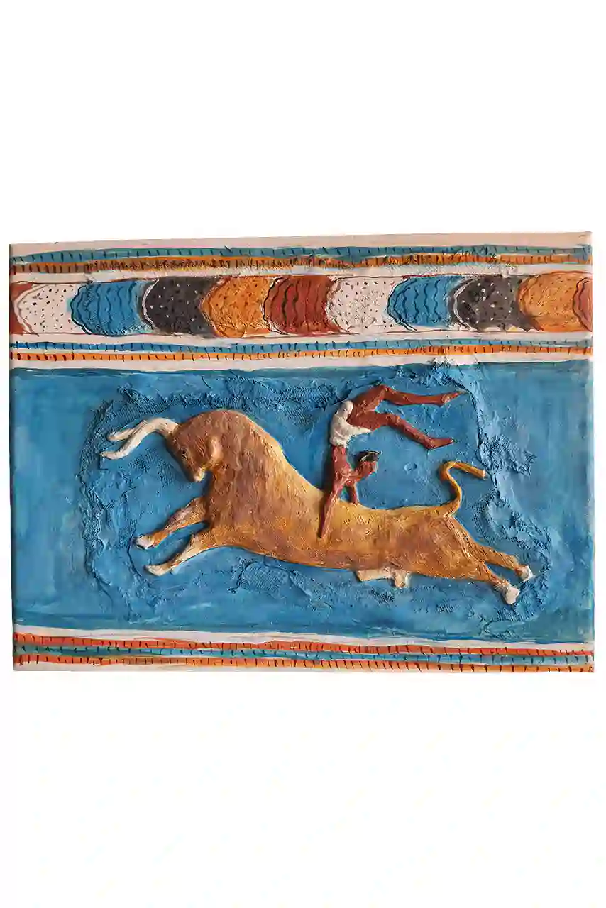 Handmade embossed painting, scene from the bull-leaping fresco, Minoan civilization, Cretan art