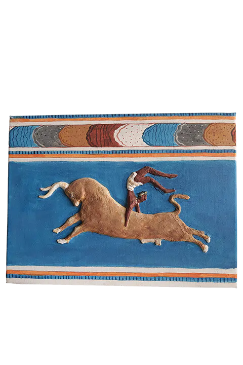 Handmade embossed painting, scene from the bull-leaping fresco, Minoan civilization, Cretan art