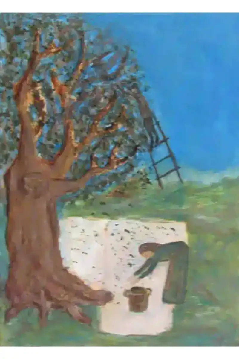 Handmade embossed painting depicting the olive harvest, Minoan civilization, Greek art