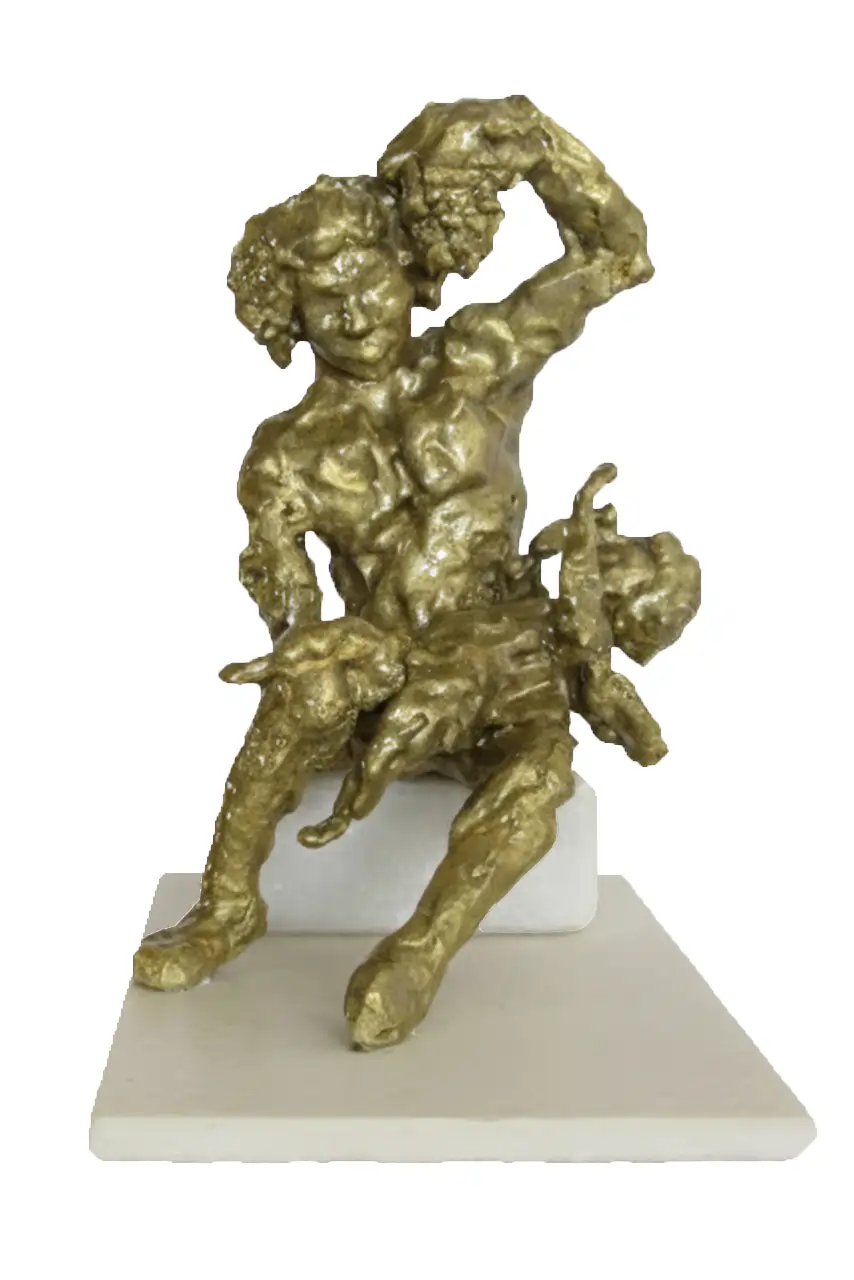 Handmade sculpture of the Satyr playing with Eros, Greek mythology, unique design, custom-made
