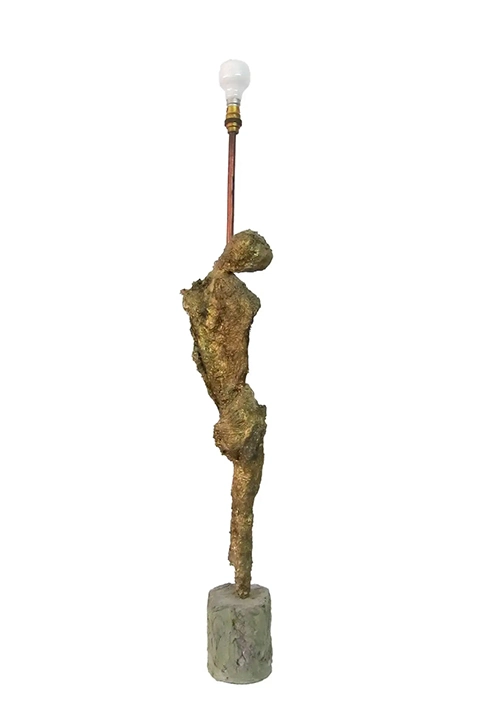 Sculpture of a woman leaning on a column, bronze and copper sculpture, 97x17x12cm