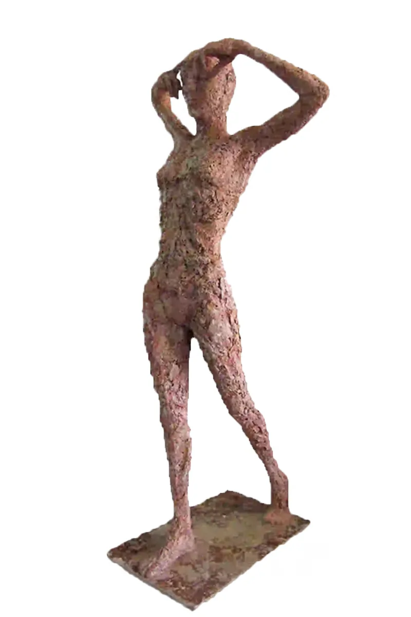 The sculpture of a woman titled 'Theanthropos', with dimensions of 167x75x70 centimeters. The artwork exudes both divine and human elements.